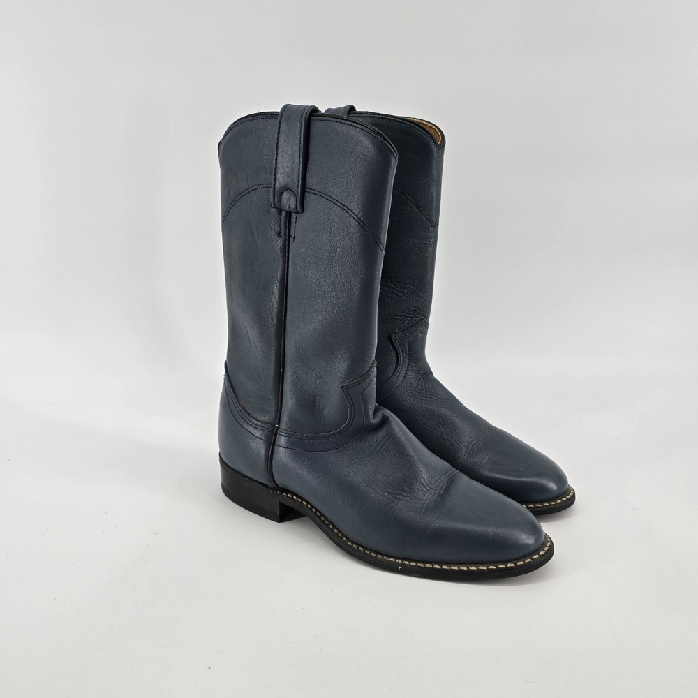 ACME Dark Navy Leather Mid-Calf Heeled Cowboy Boots